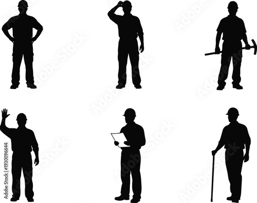 Construction worker silhouette collection with engineer, builder and laborer holding tools and blueprint isolated on white background for industrial and building design