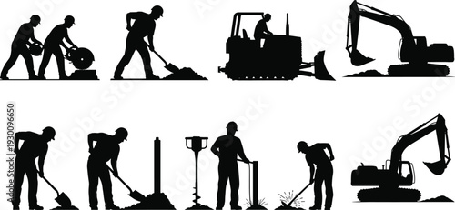 Construction workers and heavy equipment silhouette set with excavator, bulldozer, concrete saw and manual laborers isolated on white background for industrial building projects