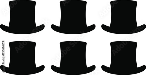 Black top hat silhouette icon set isolated on white background for magic performance formal fashion gentleman style and vintage design
