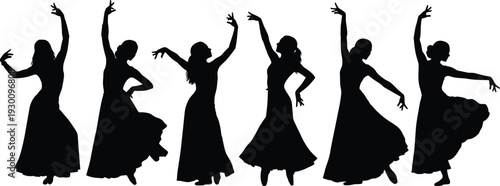 Flamenco dancer silhouette collection in elegant flowing dress poses isolated on white background, traditional Spanish dance performance set for cultural art design