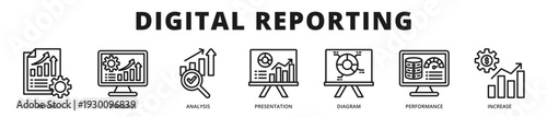 Professional banner presenting digital reporting dashboards with statistical analysis, performance visualization, and growth measurement systems outline icon style