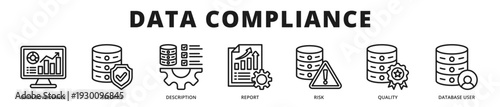 Premium banner emphasizing structured data compliance including governance standards, quality control, risk assessment, and regulated database management outline icon style