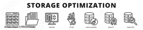 Professional banner presenting storage optimization processes including structured sorting, data cleaning, quality monitoring, and analytics integration outline icon style