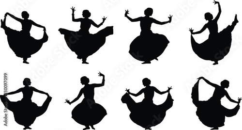 Traditional female dancer silhouette collection in flowing dress poses isolated on white background, cultural dance performance set for festival, art and heritage design
