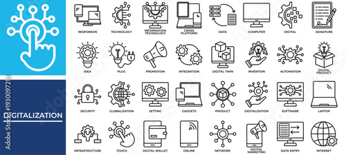 Digitalization icon set collection. Containing stage, signature, touch, invention, note, television, marketing .Line vector icons collection
