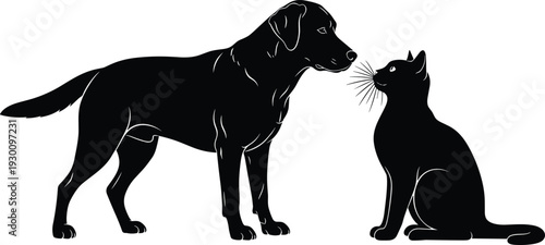 Silhouette vector illustration of a large dog and small cat facing each other on white background for pet care and friendship design