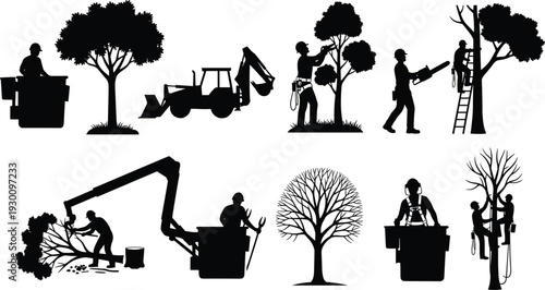 Tree service and arborist worker silhouette collection with chainsaw, bucket truck and pruning equipment isolated on white background for landscaping and maintenance design
