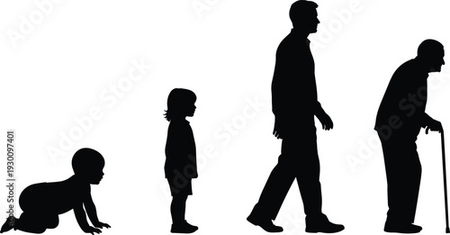 Silhouette vector illustration of human life cycle from crawling baby and young child to adult man and elderly senior