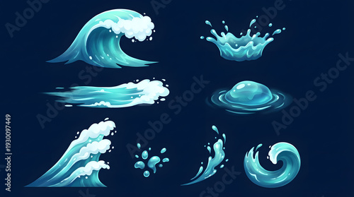 Set of Stylized Cartoon Ocean Waves and Water Splashes – 2D Game Asset and UI Design Collection