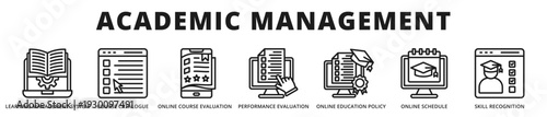Executive banner presenting structured academic management systems covering policy governance, course evaluation, and performance recognition frameworks outline icon style