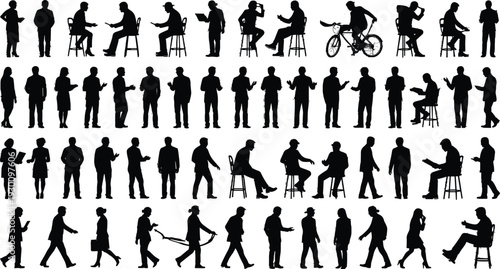 Diverse People Silhouettes Set Large Group Men and Women Sitting Walking Cycling Standing Vector Illustration