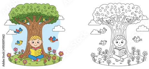 Child Reading a Book Under a Tree with Birds and Flowers Coloring Page and Colored Cartoon Vector Illustration for Kids Education, School Activity and Leisure Time