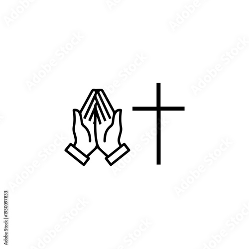 Line art of praying hands and a cross both in black isolated on a white background