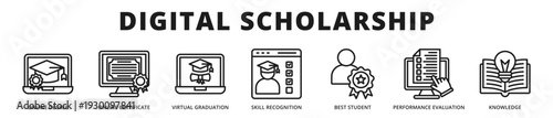 Executive banner representing digital scholarship pathways highlighting achievement recognition, academic excellence, and structured evaluation systems outline icon style