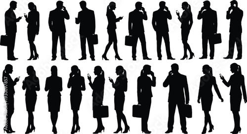 Silhouette of Diverse People Traveling Walking Carrying Luggage Bags and Using Phones in Airport Terminal Vector