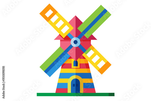 A cheerful and brightly colored geometric illustration of a traditional windmill with large spinning blades, showcasing a playful and modern design.