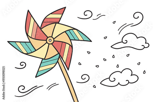 A whimsical cartoon illustration of a colorful pinwheel toy spinning in the wind, accompanied by playful clouds and swirling air currents.