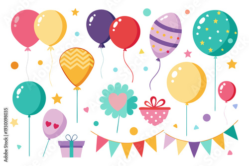 This vibrant vector illustration showcases a delightful assortment of colorful balloons, gift boxes, and a festive banner, perfect for celebrating birthdays and various joyous occasions.