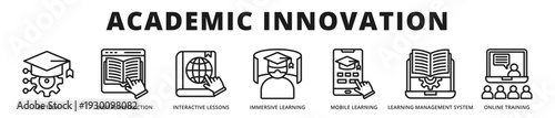 Premium banner highlighting academic innovation through integrated learning technologies, interactive platforms, and forward thinking educational management systems outline icon style