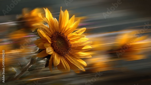 Golden sunflower petals catch the light, a vibrant bloom captured with motion blur creating a