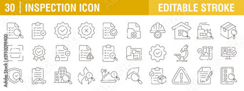 Collection of inspection icons. Testing, quality control, evaluation, process and more. Vector design templates, signs, symbols, and editable strokes.
