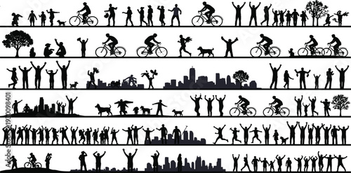 People silhouettes outdoor lifestyle scenes, showing cycling families crowds city skyline park activities