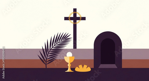 Easter symbols cross palm leaf chalice bread and tomb representing resurrection and holy communion in a minimalist illustration