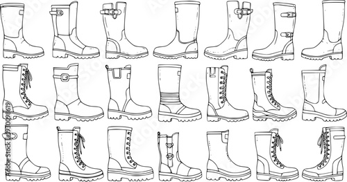 Hand-drawn Set of Various Boots Vector Illustration. Monochrome Outline Sketch Collection of Different Footwear Styles: Riding, Combat, Winter, Rain, and Fashion Boots, Isolated on White.