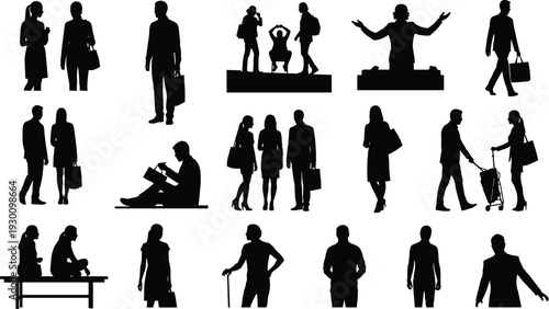 Silhouette of Diverse People Traveling Walking Carrying Luggage Bags and Using Phones in Airport Terminal Vector