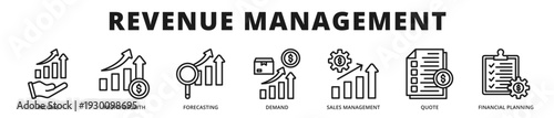 Premium banner focused on revenue management excellence integrating sales forecasting, financial planning, and sustainable profit growth strategies outline icon style