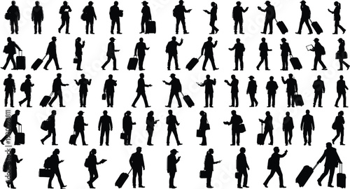 Silhouette of Diverse People Traveling Walking Carrying Luggage Bags and Using Phones in Airport Terminal Vector Illustration