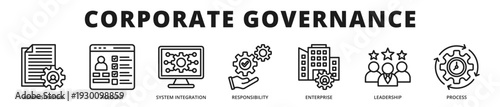 Executive banner representing corporate governance principles integrating leadership oversight, structured administration, and accountable enterprise management systems outline icon style