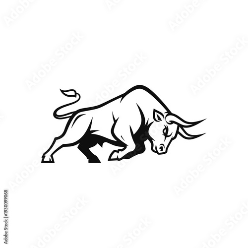 Stylized aggressive bull in black and white charging illustration
