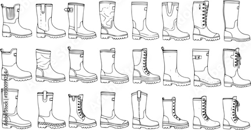 Detailed Line Art Collection of Various Boots. Outline Illustrations of Wellington, Rubber, Work, and Outdoor Footwear Styles. Black and White Drawing Set.