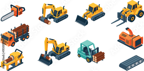 Isometric set of logging and forestry industry equipment including a chainsaw, excavator, logging truck, forklift, and wood chipper.