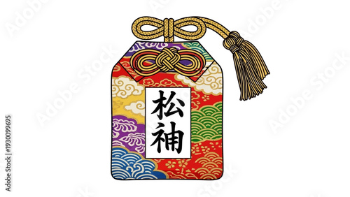 Artistic illustration of a traditional Japanese cultural amulet, adorned with intricate, vibrant patterns, a decorative knot, and auspicious symbols, embodying good luck and protection