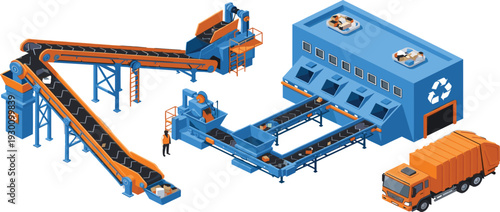 Isometric recycling plant with conveyor belt sorting system, garbage truck, and waste processing machinery for environmental and industrial concepts.