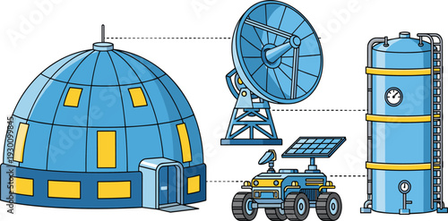 Futuristic space colony illustration with a habitat dome, satellite dish, exploration rover, and life support tank on another planet.