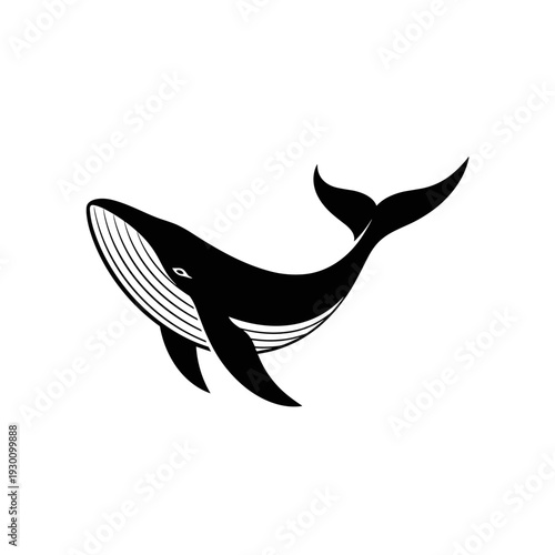Stylized black and white graphic illustration of a large swimming whale