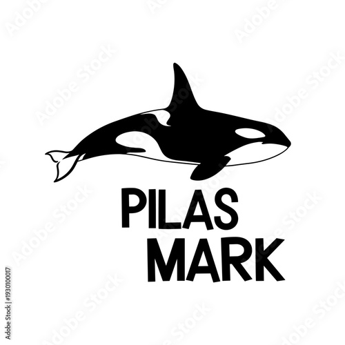 Stylized black and white killer whale illustration with Pilas Mark text