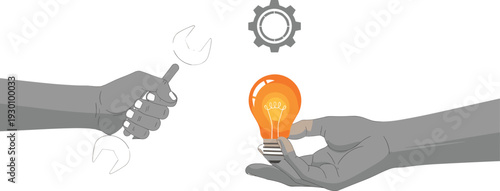 Innovation and problem solving vector illustration with hands holding wrench and light bulb, creative engineering and technical solution concept isolated on white
