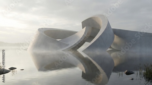 Abstract Architectural Concrete Curves Interlocking in a Misty Riverbed with Morning Fog