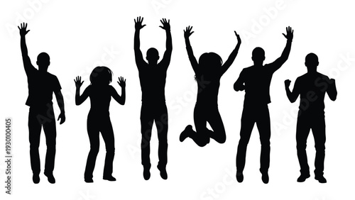 A group of people jumping in the air with their arms raised isolated on white background, Vector