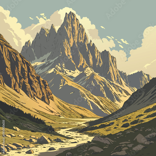 Dramatic Himalayan Style Mountain Peaks Under Cloudy Sky