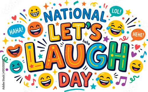 Vibrant National Let's Laugh Day celebration with laughing emojis and colorful text
