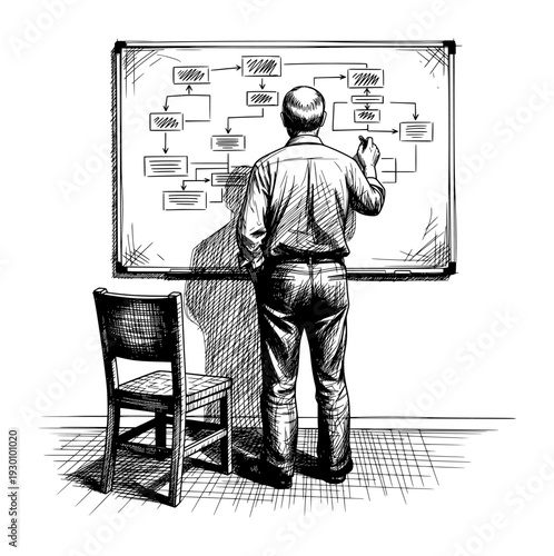 Man Drawing Flowchart on Whiteboard Pen and Ink Sketch Black and White