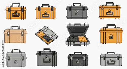 A collection of various suitcases and briefcases are displayed on a surface.