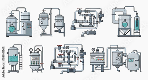 Industrial machinery setup includes various equipment and tubes in a factory environment
