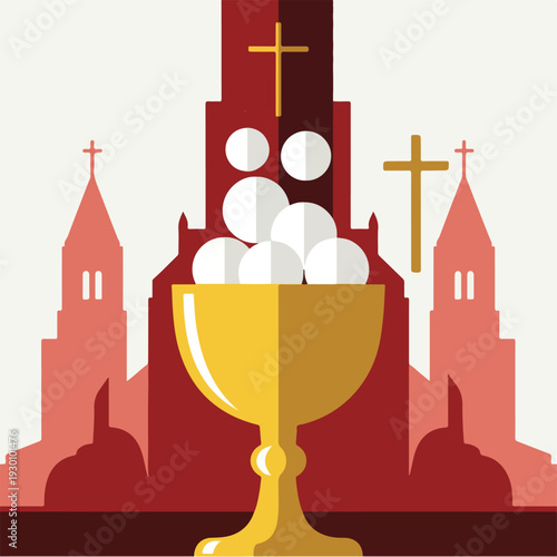 Illustration of a golden chalice, host, church, and cross elements