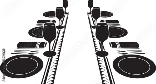 Black and white table setting with plates glasses and silverware mirrored